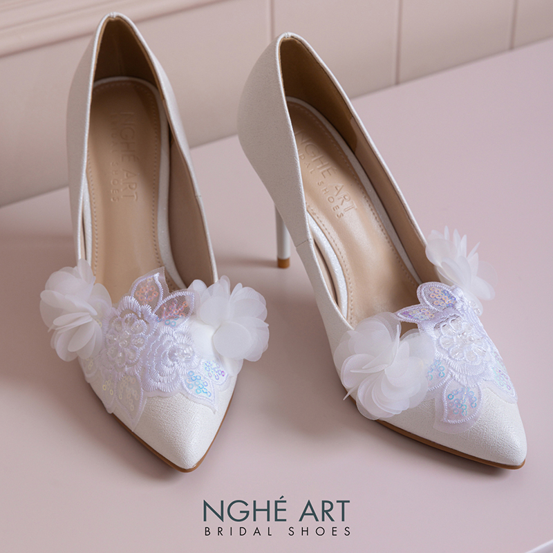 Giày cưới Nghé Art 10 cm ren kim sa trắng phối hoa voan 577-377-10P-NHU-TRANG - Ảnh 3 - Nghé Art Bridal Shoes – 0822288288