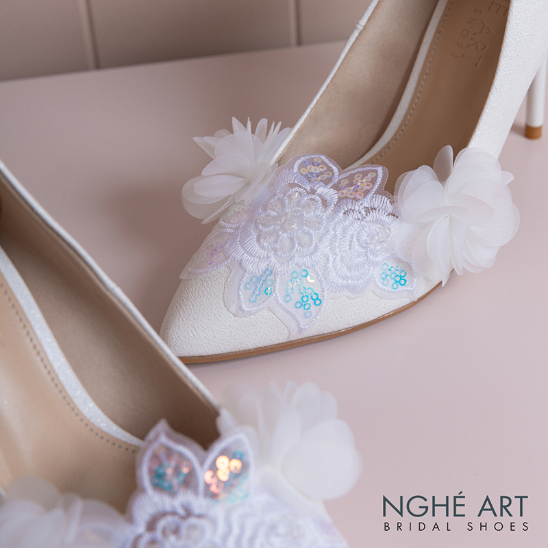 Giày cưới Nghé Art 10 cm ren kim sa trắng phối hoa voan 577-377-10P-NHU-TRANG - Ảnh 4 - Nghé Art Bridal Shoes – 0822288288