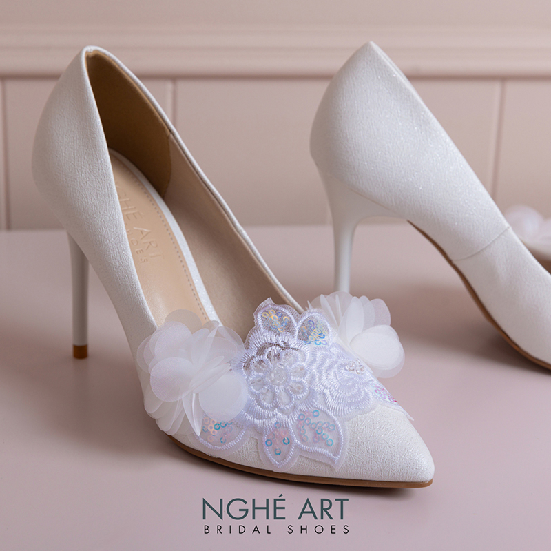 Giày cưới Nghé Art 10 cm ren kim sa trắng phối hoa voan 577-377-10P-NHU-TRANG - Ảnh 5 - Nghé Art Bridal Shoes – 0822288288