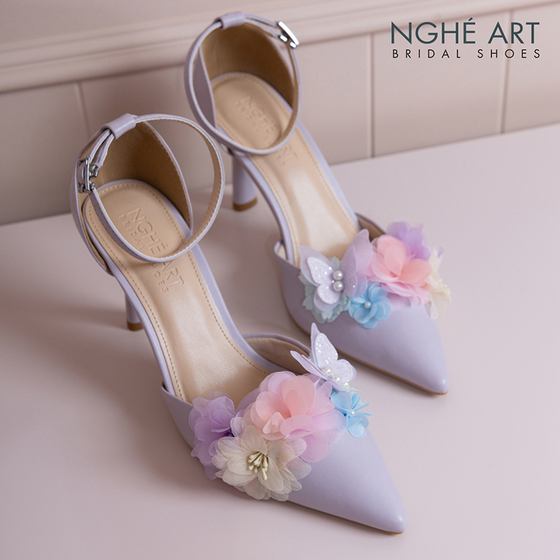 Giày cưới Nghé Art tím pastel hoa voan hồng vàng xanh 579-340-9P-DA-TIM - Ảnh 1 - Nghé Art Bridal Shoes – 0822288288
