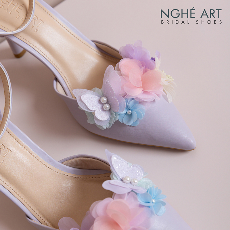 Giày cưới Nghé Art tím pastel hoa voan hồng vàng xanh 579-340-9P-DA-TIM - Ảnh 4 - Nghé Art Bridal Shoes – 0822288288