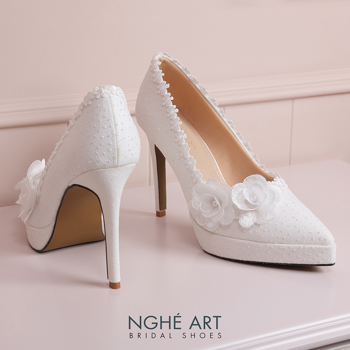 Giày cưới Nghé Art cao gót ren hoa trắng 582-543-12P-NHU-TRANG - Ảnh 4 - Nghé Art Bridal Shoes – 0822288288