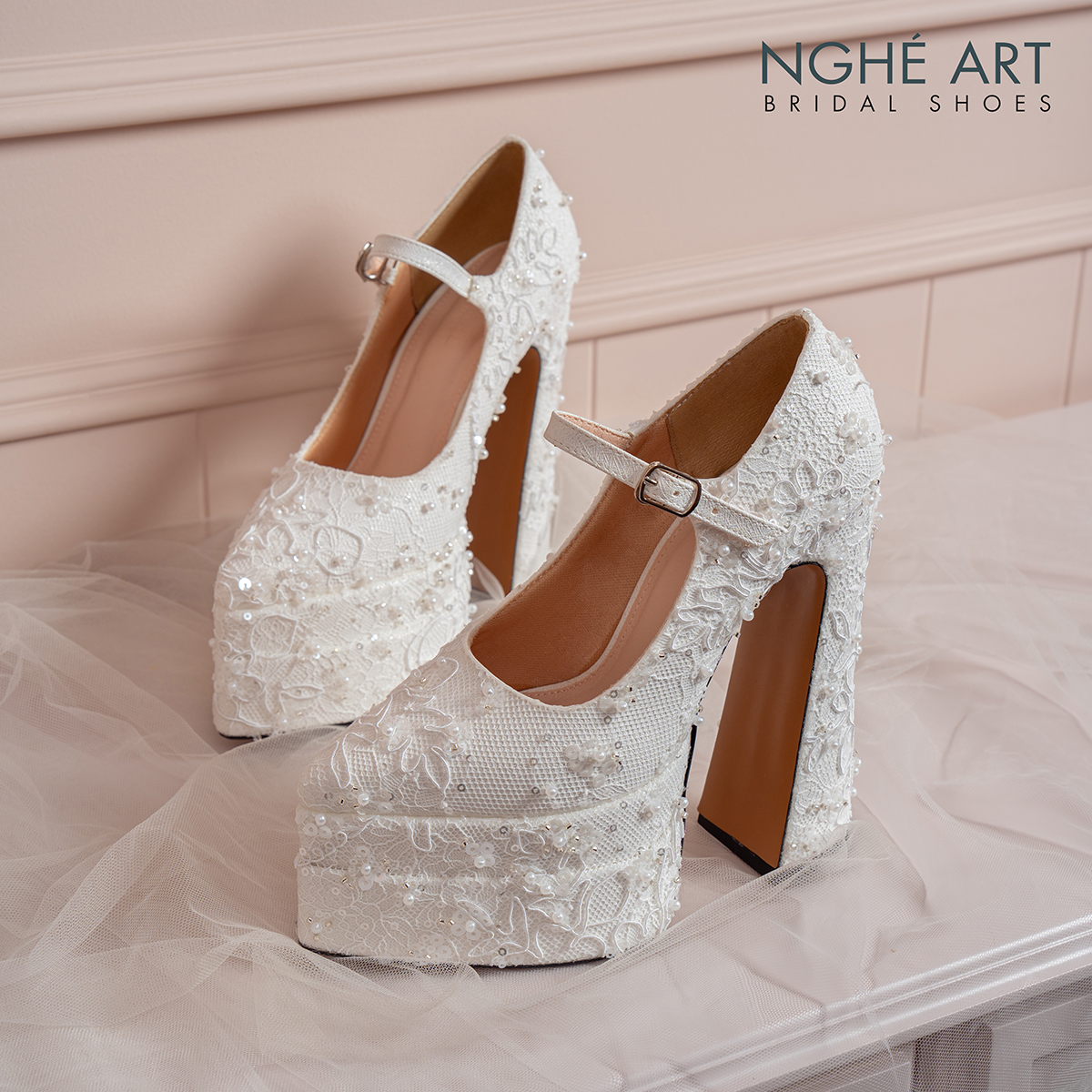Giày cưới Nghé Art cao 15 cm ren kim sa ngọc trai 583-546-15P-NHU-TRANG - Ảnh 1 - Nghé Art Bridal Shoes – 0822288288