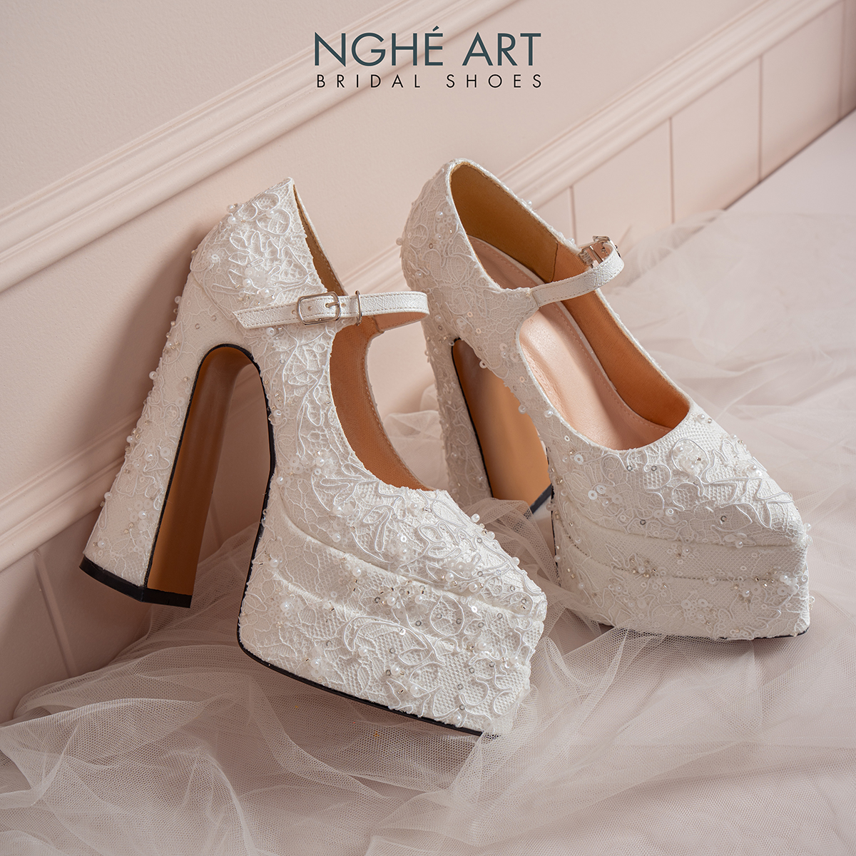 Giày cưới Nghé Art cao 15 cm ren kim sa ngọc trai 583-546-15P-NHU-TRANG - Ảnh 2 - Nghé Art Bridal Shoes – 0822288288