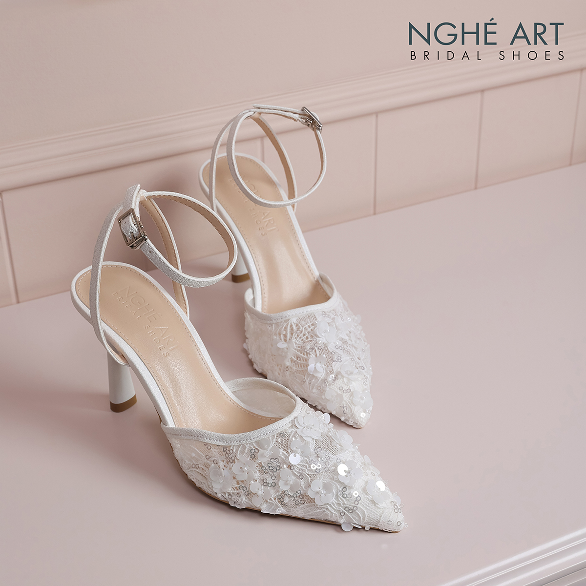 Giày cưới Nghé Art cao gót ren lưới kim sa 594-9P-LUOI-KIMSA - Ảnh 1 - Nghé Art Bridal Shoes – 0822288288