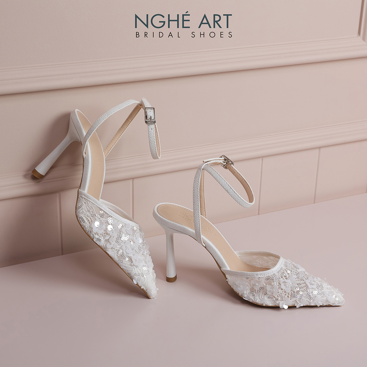Giày cưới Nghé Art cao gót ren lưới kim sa 594-9P-LUOI-KIMSA - Ảnh 3 - Nghé Art Bridal Shoes – 0822288288