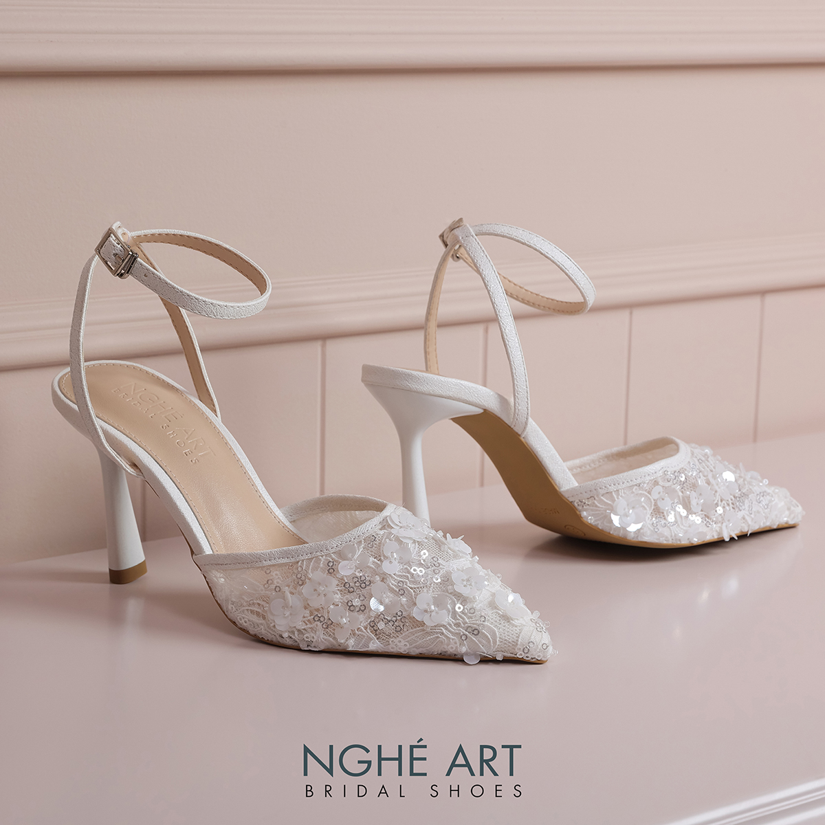 Giày cưới Nghé Art cao gót ren lưới kim sa 594-9P-LUOI-KIMSA - Ảnh 4 - Nghé Art Bridal Shoes – 0822288288