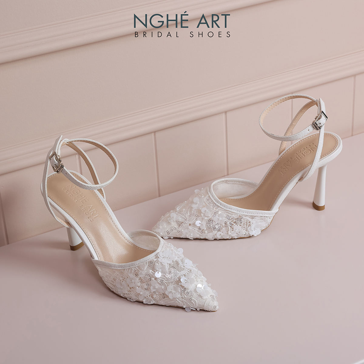 Giày cưới Nghé Art cao gót ren lưới kim sa 594-9P-LUOI-KIMSA - Ảnh 5 - Nghé Art Bridal Shoes – 0822288288