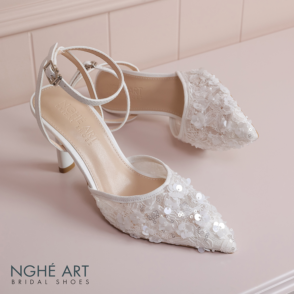 Giày cưới Nghé Art cao gót ren lưới kim sa 594-9P-LUOI-KIMSA - Ảnh 6 - Nghé Art Bridal Shoes – 0822288288