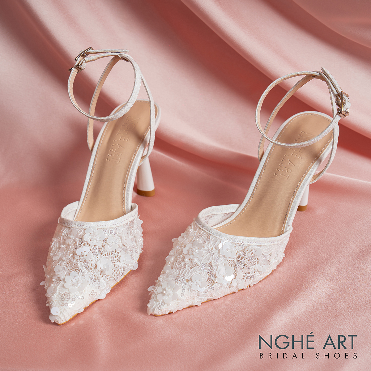 Giày cưới Nghé Art cao gót ren lưới kim sa 594-9P-LUOI-KIMSA - Ảnh new 1 - Nghé Art Bridal Shoes – 0822288288