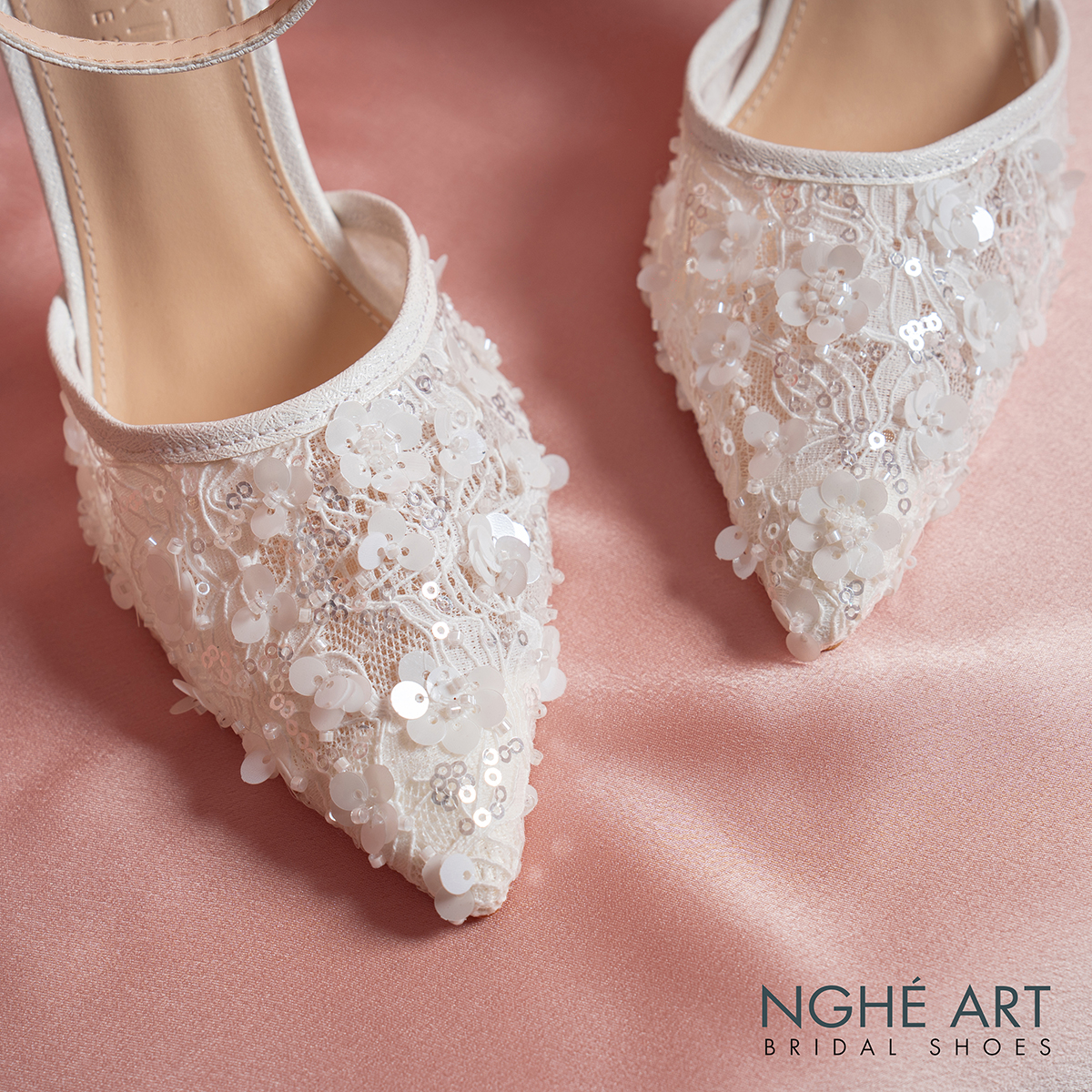 Giày cưới Nghé Art cao gót ren lưới kim sa 594-9P-LUOI-KIMSA - Ảnh new 2 - Nghé Art Bridal Shoes – 0822288288