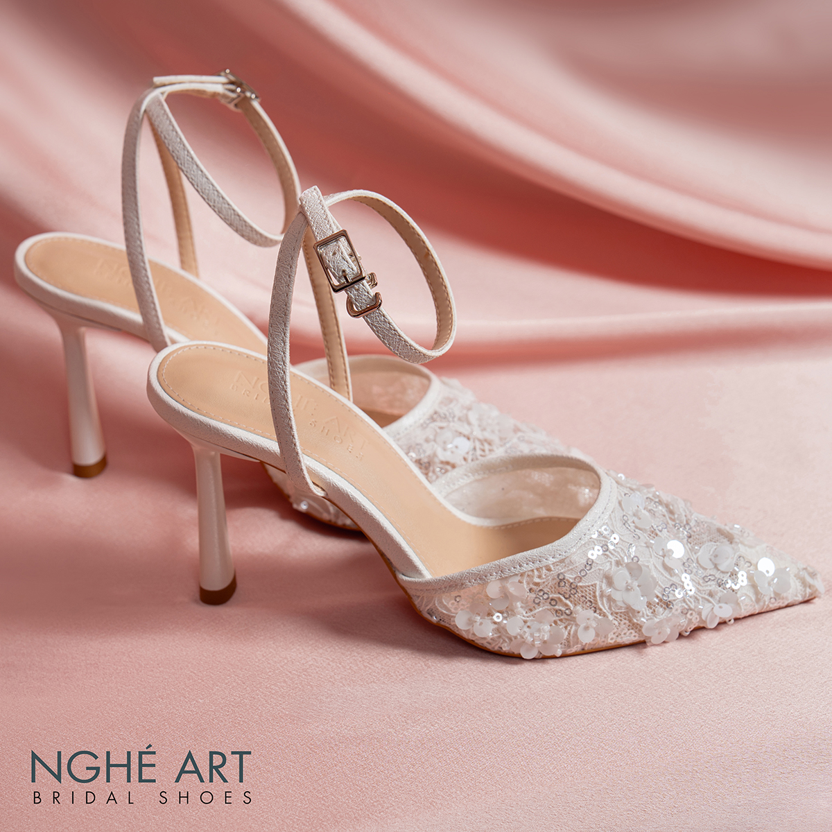 Giày cưới Nghé Art cao gót ren lưới kim sa 594-9P-LUOI-KIMSA - Ảnh new 3 - Nghé Art Bridal Shoes – 0822288288