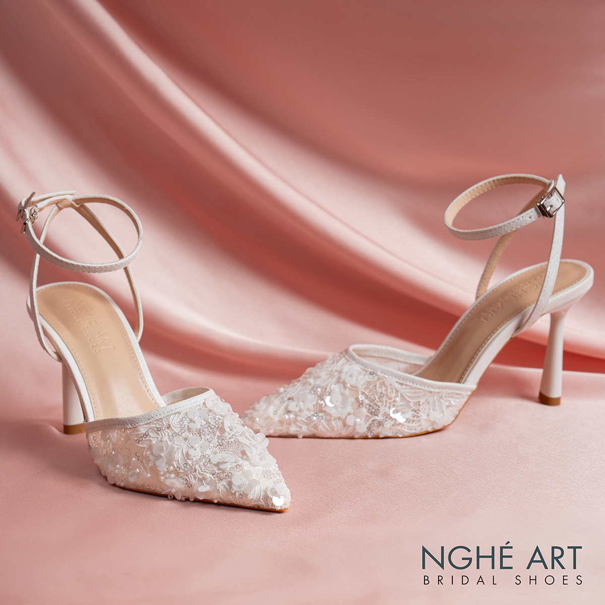Giày cưới Nghé Art cao gót ren lưới kim sa 594-9P-LUOI-KIMSA - Ảnh new 4 - Nghé Art Bridal Shoes – 0822288288