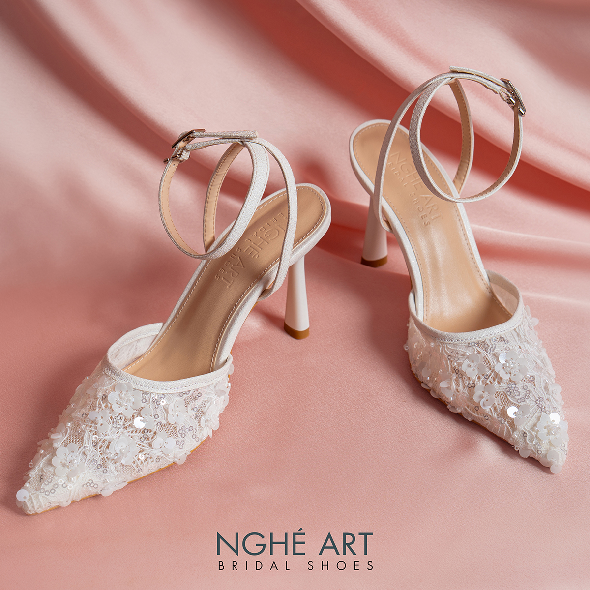 Giày cưới Nghé Art cao gót ren lưới kim sa 594-9P-LUOI-KIMSA - Ảnh new 5 - Nghé Art Bridal Shoes – 0822288288