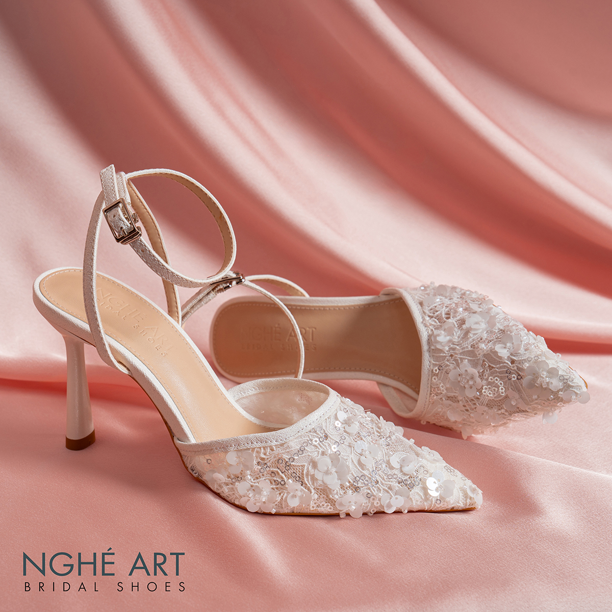 Giày cưới Nghé Art cao gót ren lưới kim sa 594-9P-LUOI-KIMSA - Ảnh new 6 - Nghé Art Bridal Shoes – 0822288288