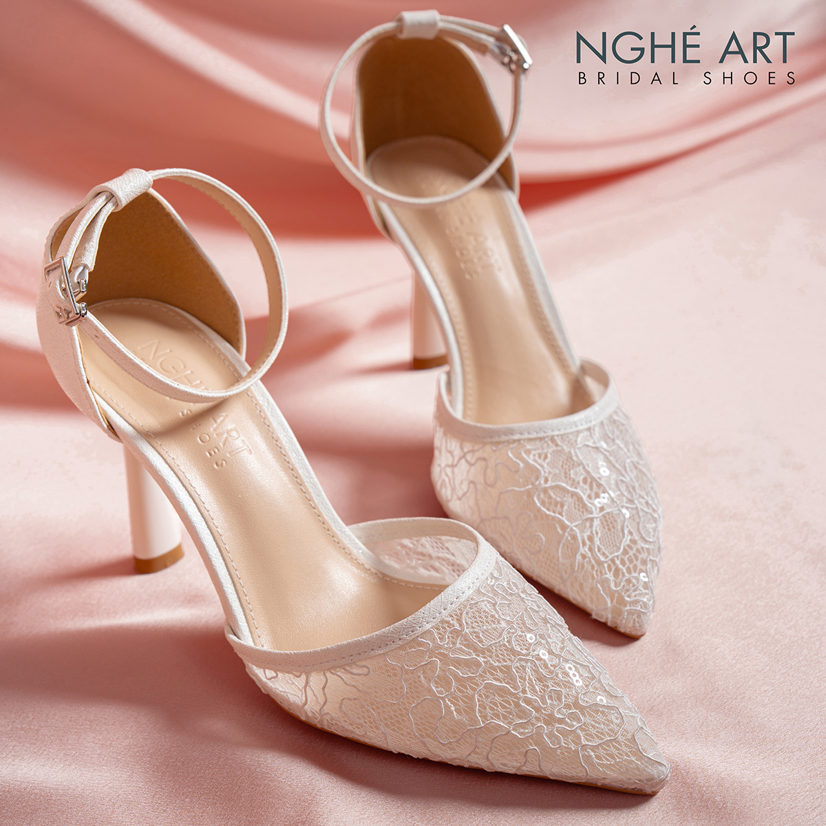 Giày cưới Nghé Art ren lưới kim sa 595-9P-LUOI-TRANG - Ảnh 1 - Nghé Art Bridal Shoes – 0822288288