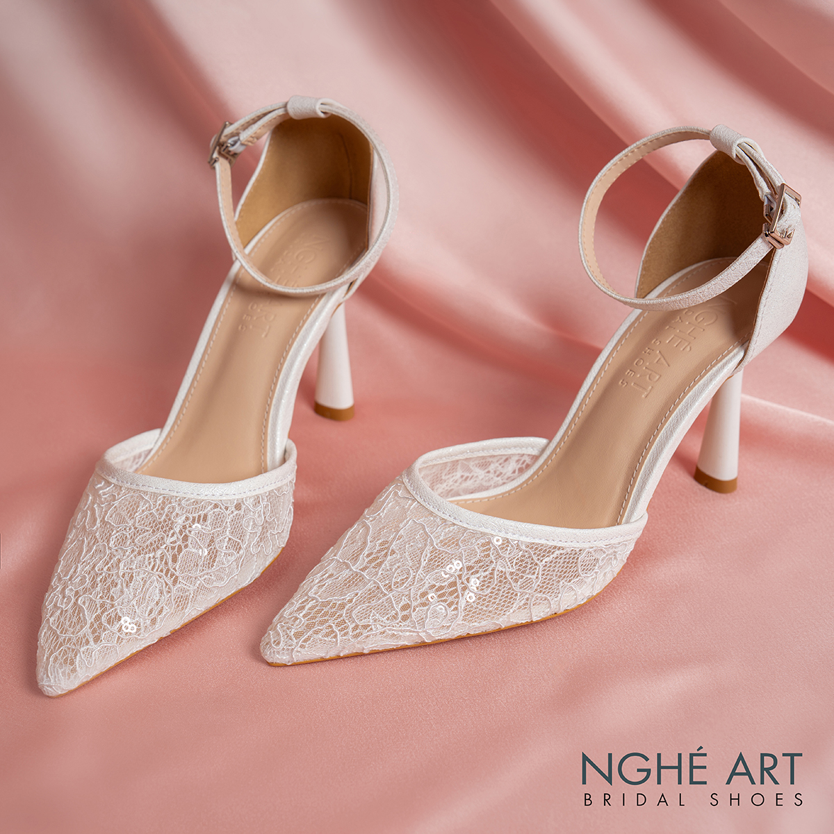 Giày cưới Nghé Art ren lưới kim sa 595-9P-LUOI-TRANG - Ảnh 3 - Nghé Art Bridal Shoes – 0822288288
