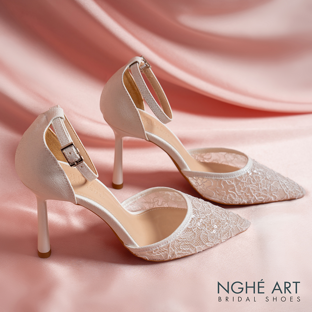 Giày cưới Nghé Art ren lưới kim sa 595-9P-LUOI-TRANG - Ảnh 4 - Nghé Art Bridal Shoes – 0822288288