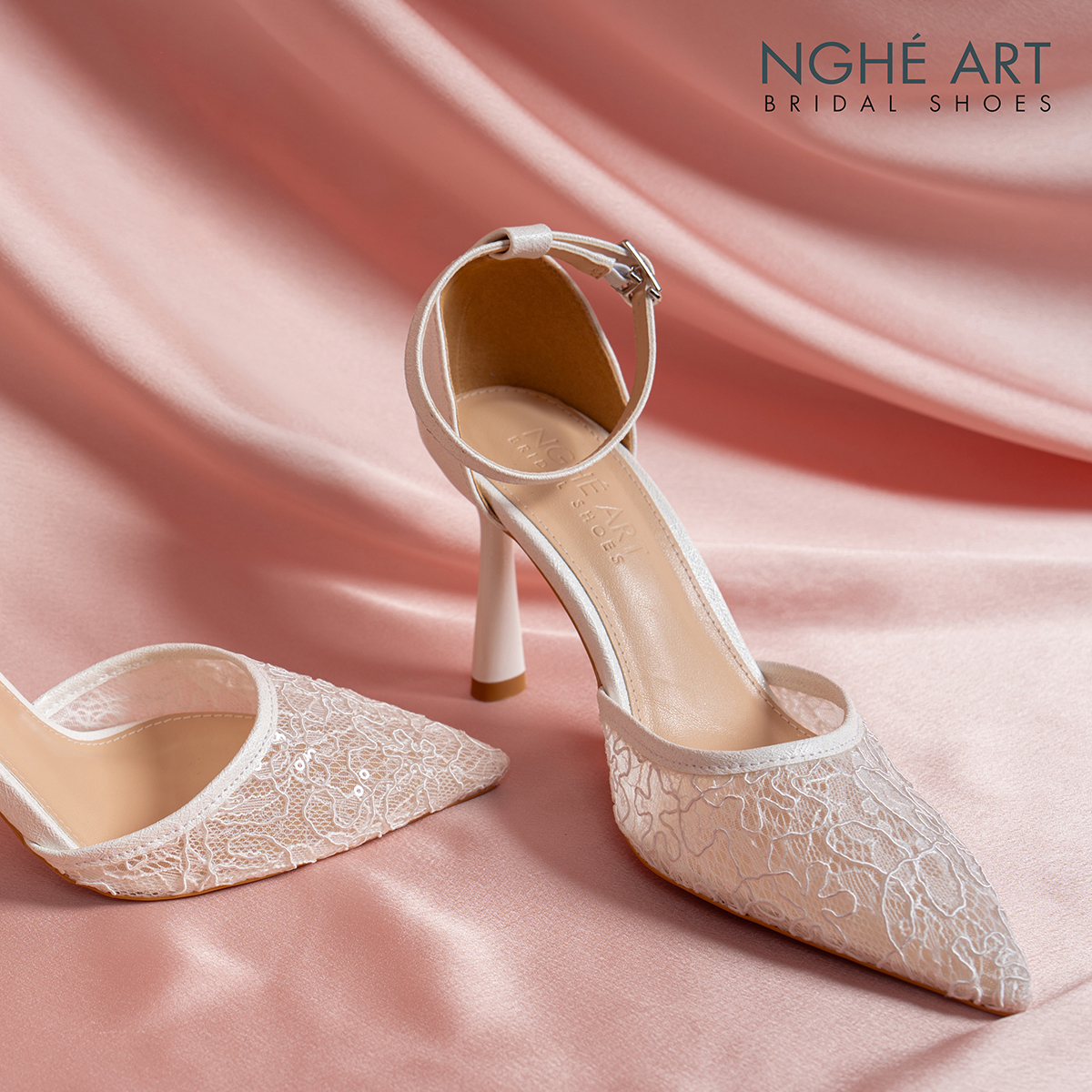 Giày cưới Nghé Art ren lưới kim sa 595-9P-LUOI-TRANG - Ảnh 7 - Nghé Art Bridal Shoes – 0822288288