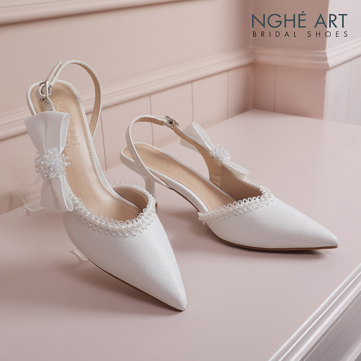 Giày cưới Nghé Art slingback viền ren ngọc trai gót nơ 596-535-NHU-TRANG - Ảnh 2 - Nghé Art Bridal Shoes – 0822288288