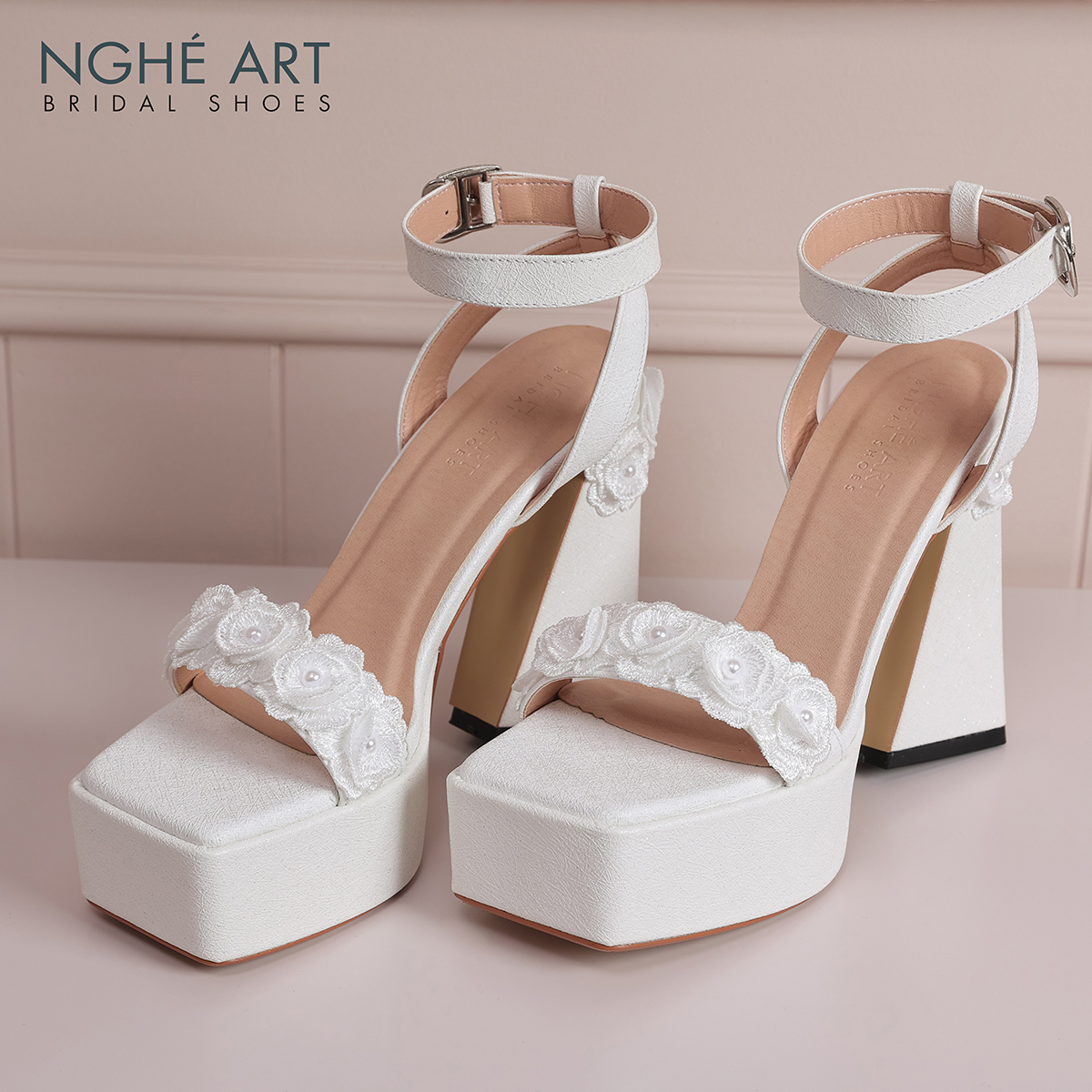 Giày cưới Nghé Art sandal cao gót ren hoa hồng 597-531-13P-NHU-TRANG - Ảnh 1 - Nghé Art Bridal Shoes – 0822288288