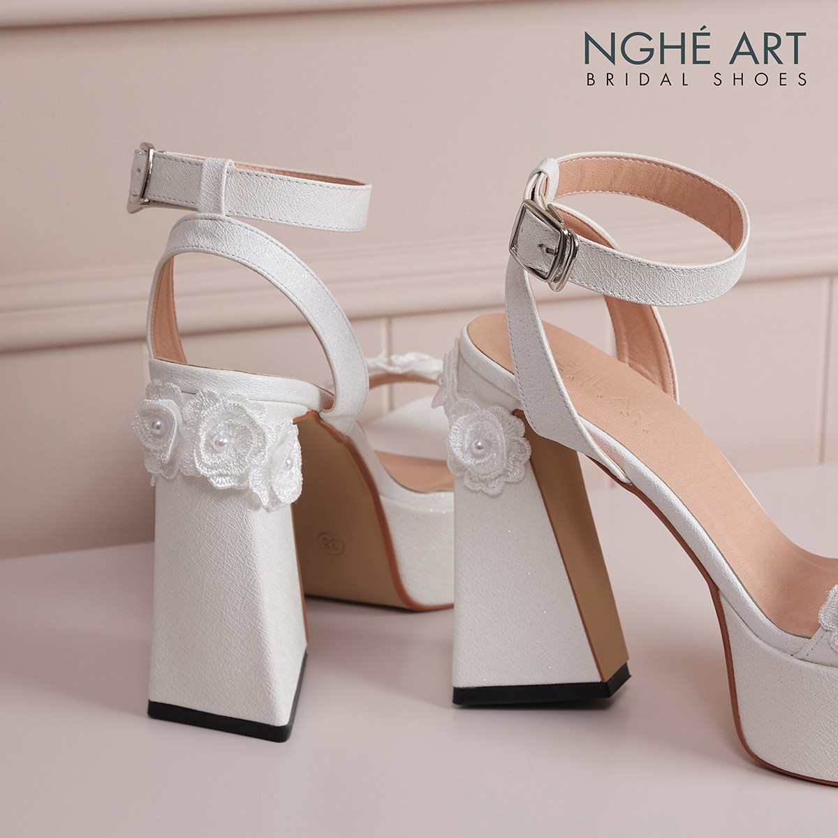 Giày cưới Nghé Art sandal cao gót ren hoa hồng 597-531-13P-NHU-TRANG - Ảnh 4 - Nghé Art Bridal Shoes – 0822288288