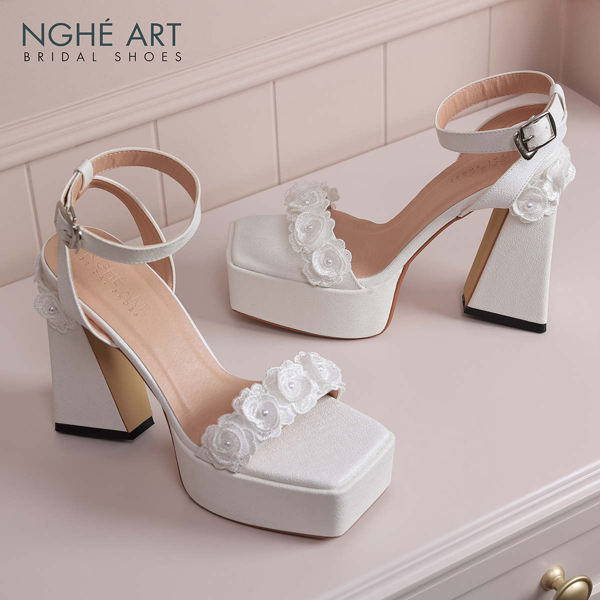 Giày cưới Nghé Art sandal cao gót ren hoa hồng 597-531-13P-NHU-TRANG - Ảnh 5 - Nghé Art Bridal Shoes – 0822288288
