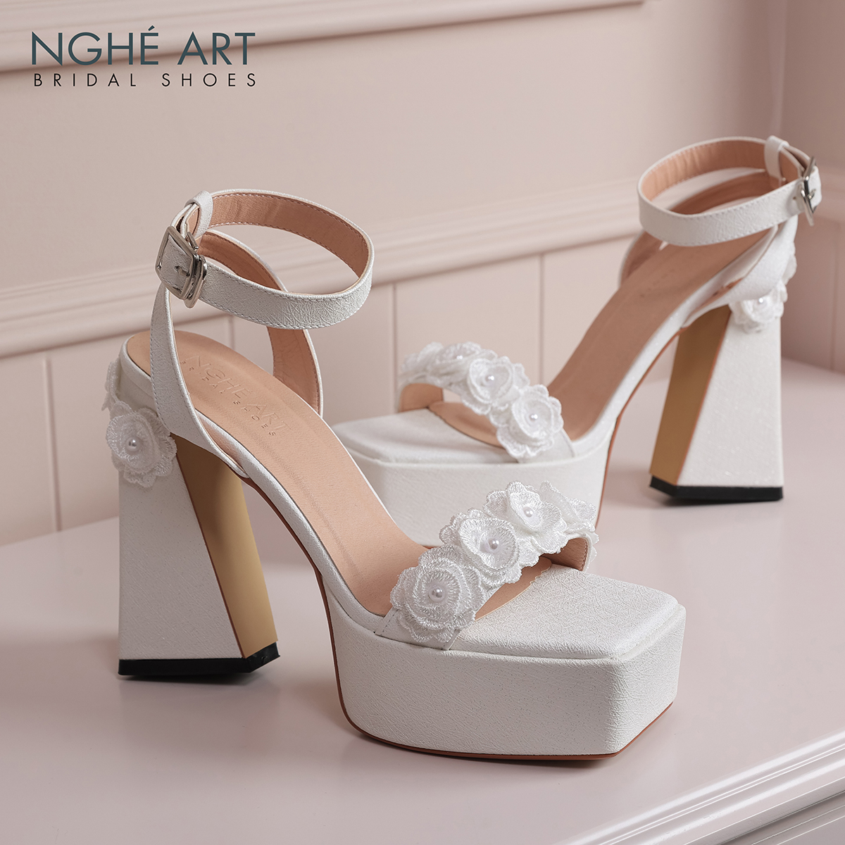 Giày cưới Nghé Art sandal cao gót ren hoa hồng 597-531-13P-NHU-TRANG - Ảnh 6 - Nghé Art Bridal Shoes – 0822288288