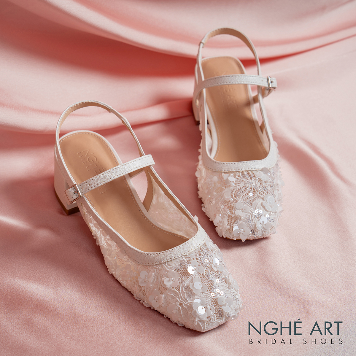 Giày cưới Nghé Art slingback gót vuông ren lưới kim sa cao cấp 599-5P-LUOI-KIMSA - Ảnh 1 - Nghé Art Bridal Shoes – 0822288288
