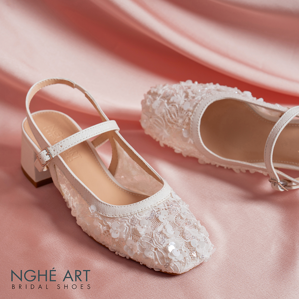 Giày cưới Nghé Art slingback gót vuông ren lưới kim sa cao cấp 599-5P-LUOI-KIMSA - Ảnh 2 - Nghé Art Bridal Shoes – 0822288288