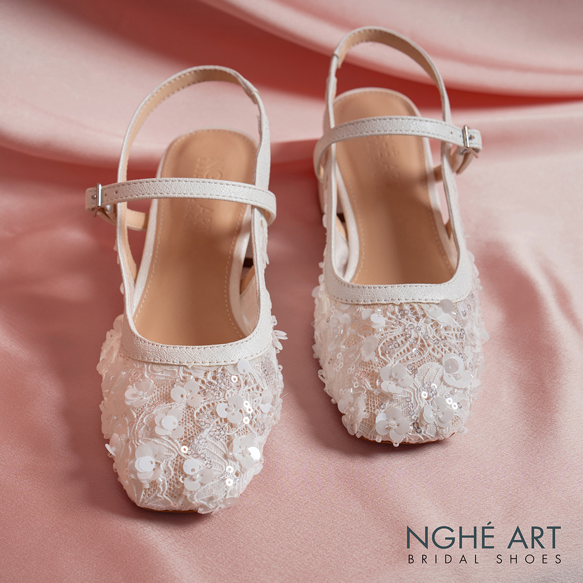 Giày cưới Nghé Art slingback gót vuông ren lưới kim sa cao cấp 599-5P-LUOI-KIMSA - Ảnh 3 - Nghé Art Bridal Shoes – 0822288288