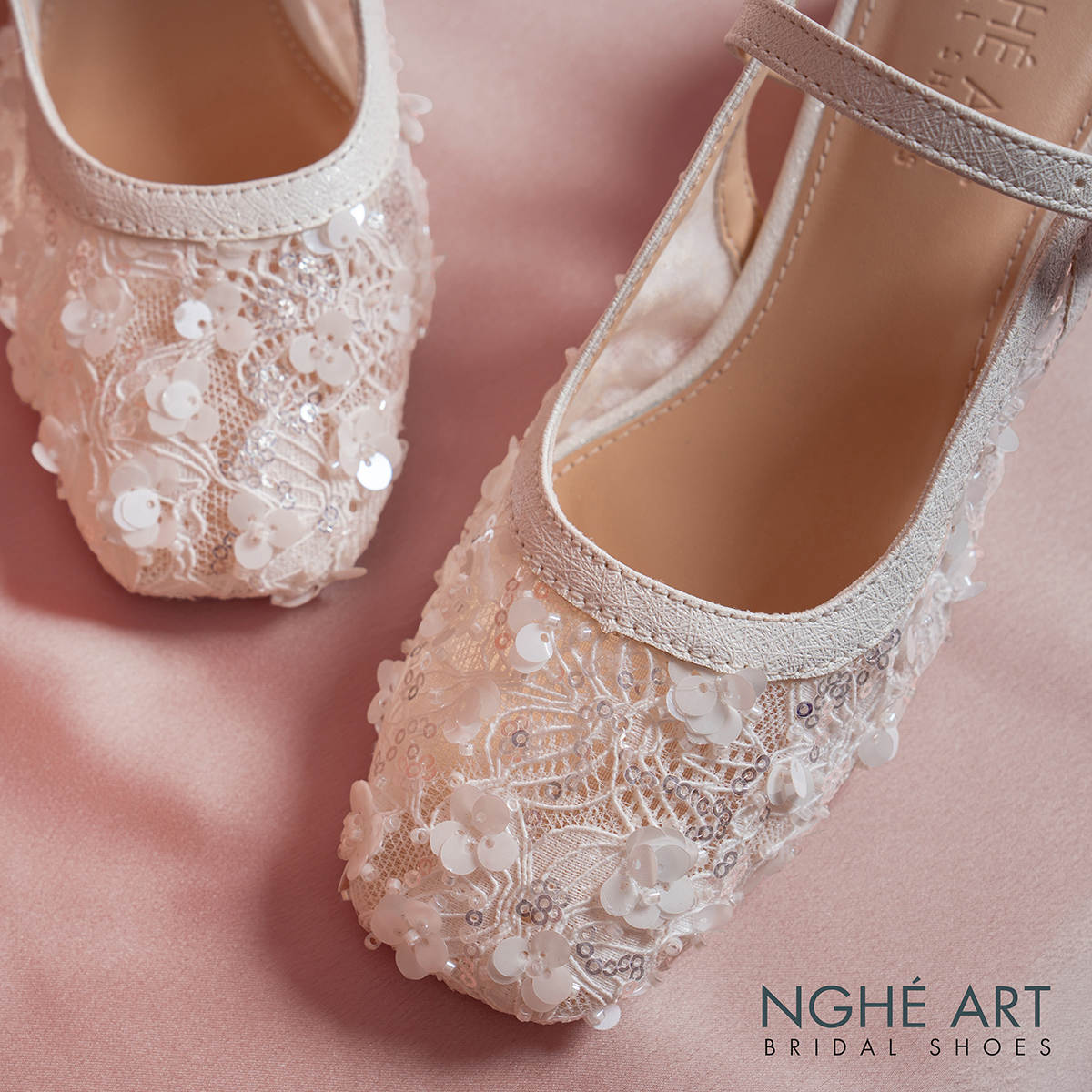 Giày cưới Nghé Art slingback gót vuông ren lưới kim sa cao cấp 599-5P-LUOI-KIMSA - Ảnh 4 - Nghé Art Bridal Shoes – 0822288288