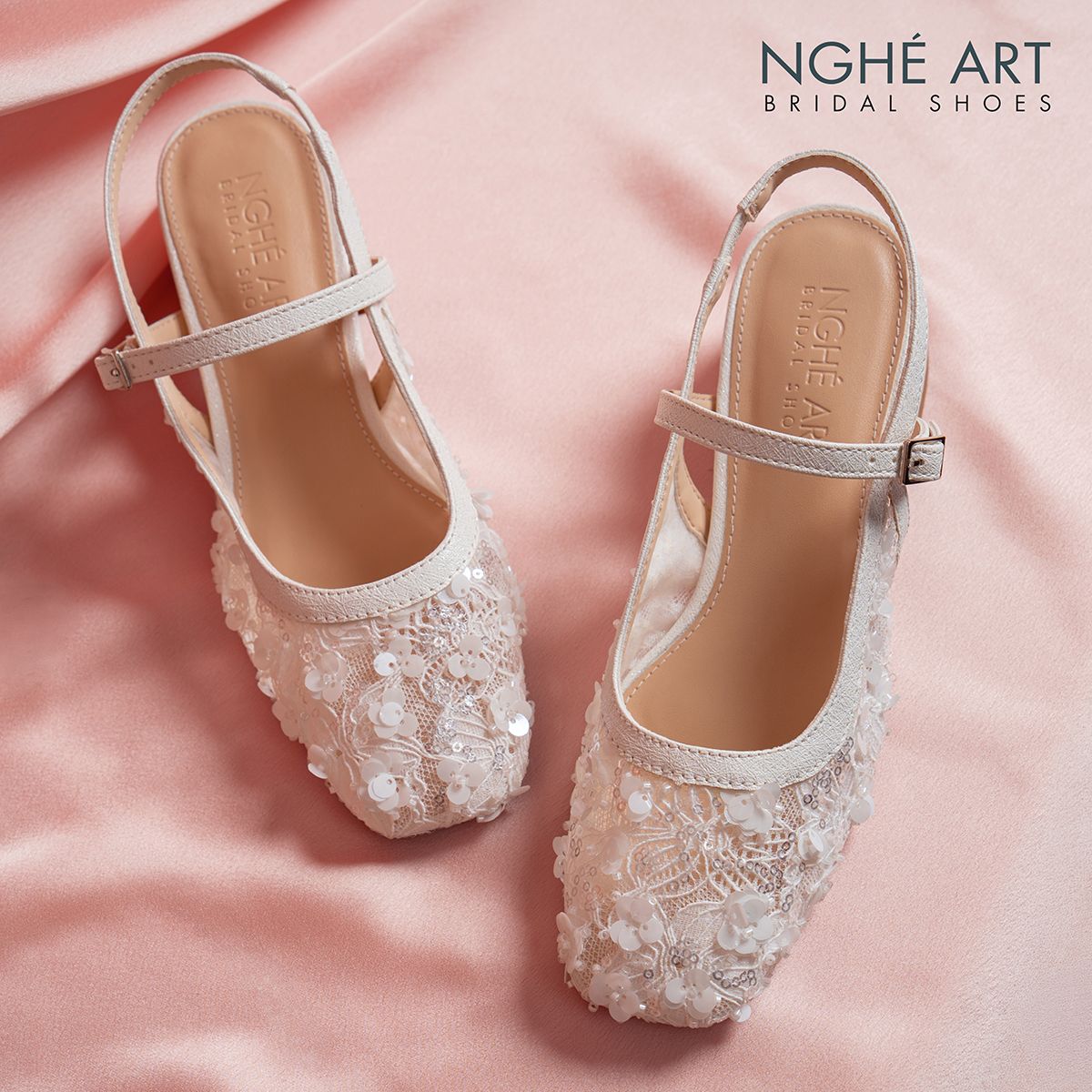 Giày cưới Nghé Art slingback gót vuông ren lưới kim sa cao cấp 599-5P-LUOI-KIMSA - Ảnh 5 - Nghé Art Bridal Shoes – 0822288288