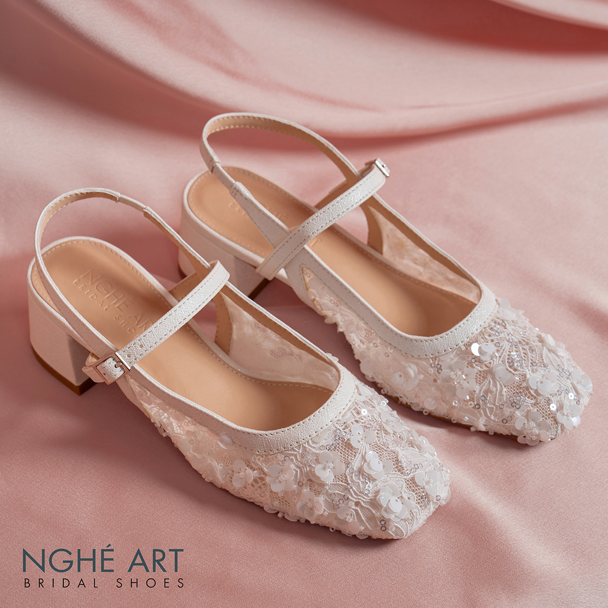 Giày cưới Nghé Art slingback gót vuông ren lưới kim sa cao cấp 599-5P-LUOI-KIMSA - Ảnh 6 - Nghé Art Bridal Shoes – 0822288288