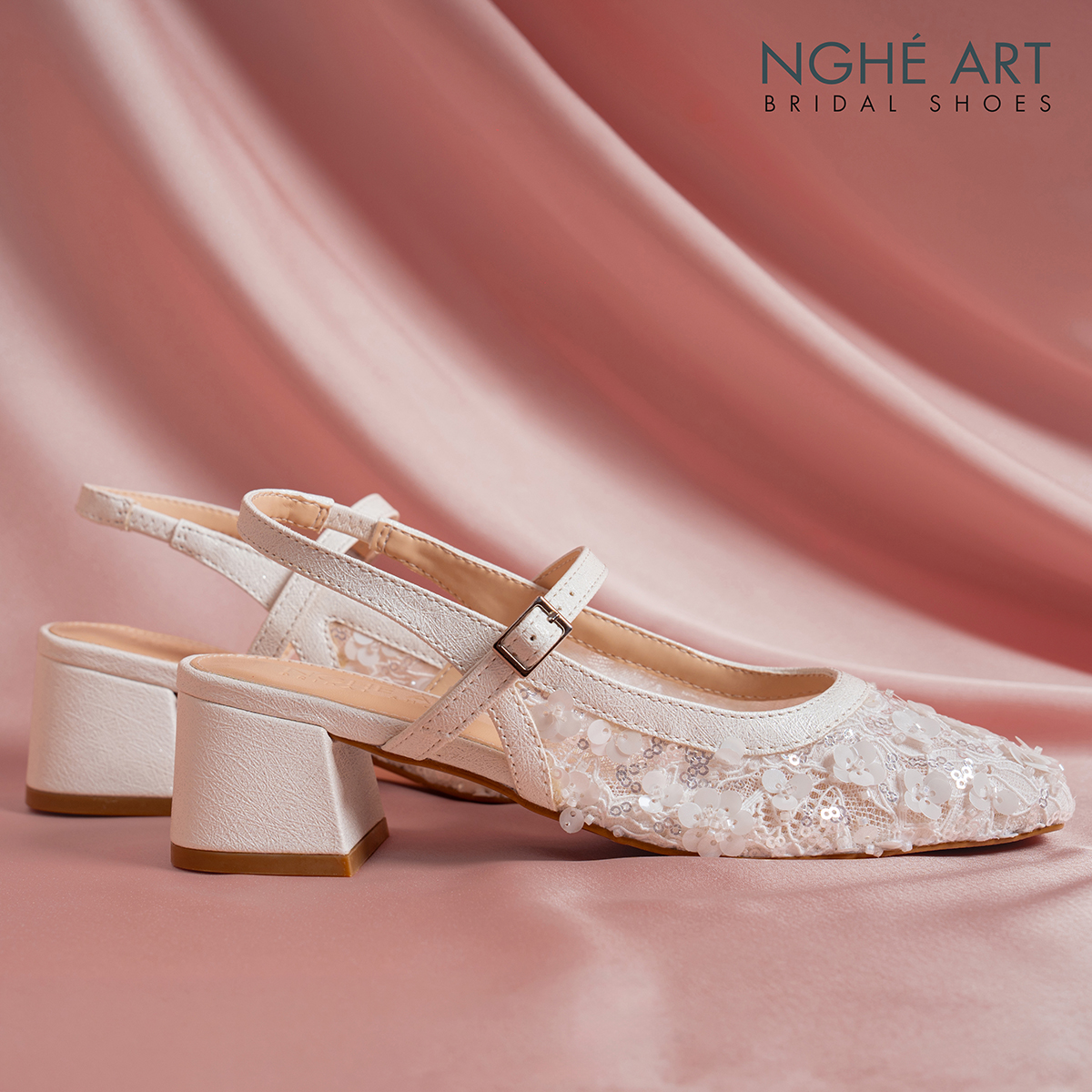 Giày cưới Nghé Art slingback gót vuông ren lưới kim sa cao cấp 599-5P-LUOI-KIMSA - Ảnh 7 - Nghé Art Bridal Shoes – 0822288288