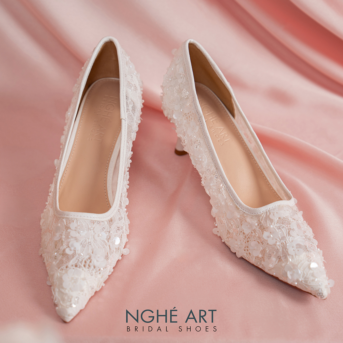 Giày cưới Nghé Art dáng scarpin ren lưới kim sa cao cấp 600-6P-LUOI-KIMSA - Ảnh 1 - Nghé Art Bridal Shoes – 0822288288