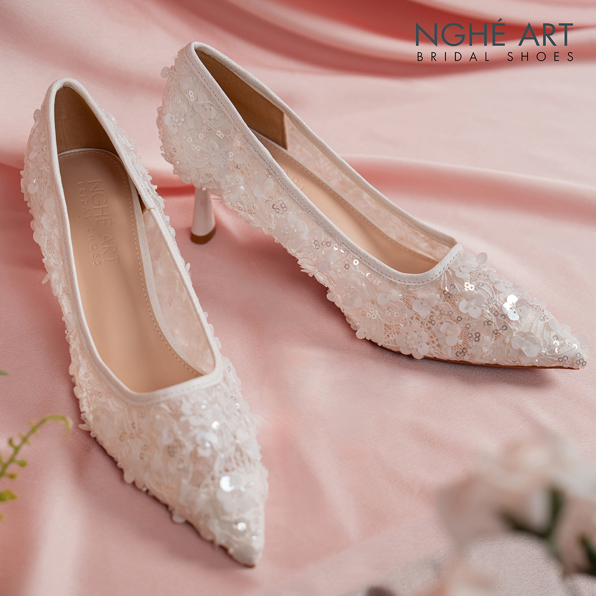 Giày cưới Nghé Art dáng scarpin ren lưới kim sa cao cấp 600-6P-LUOI-KIMSA - Ảnh 2 - Nghé Art Bridal Shoes – 0822288288