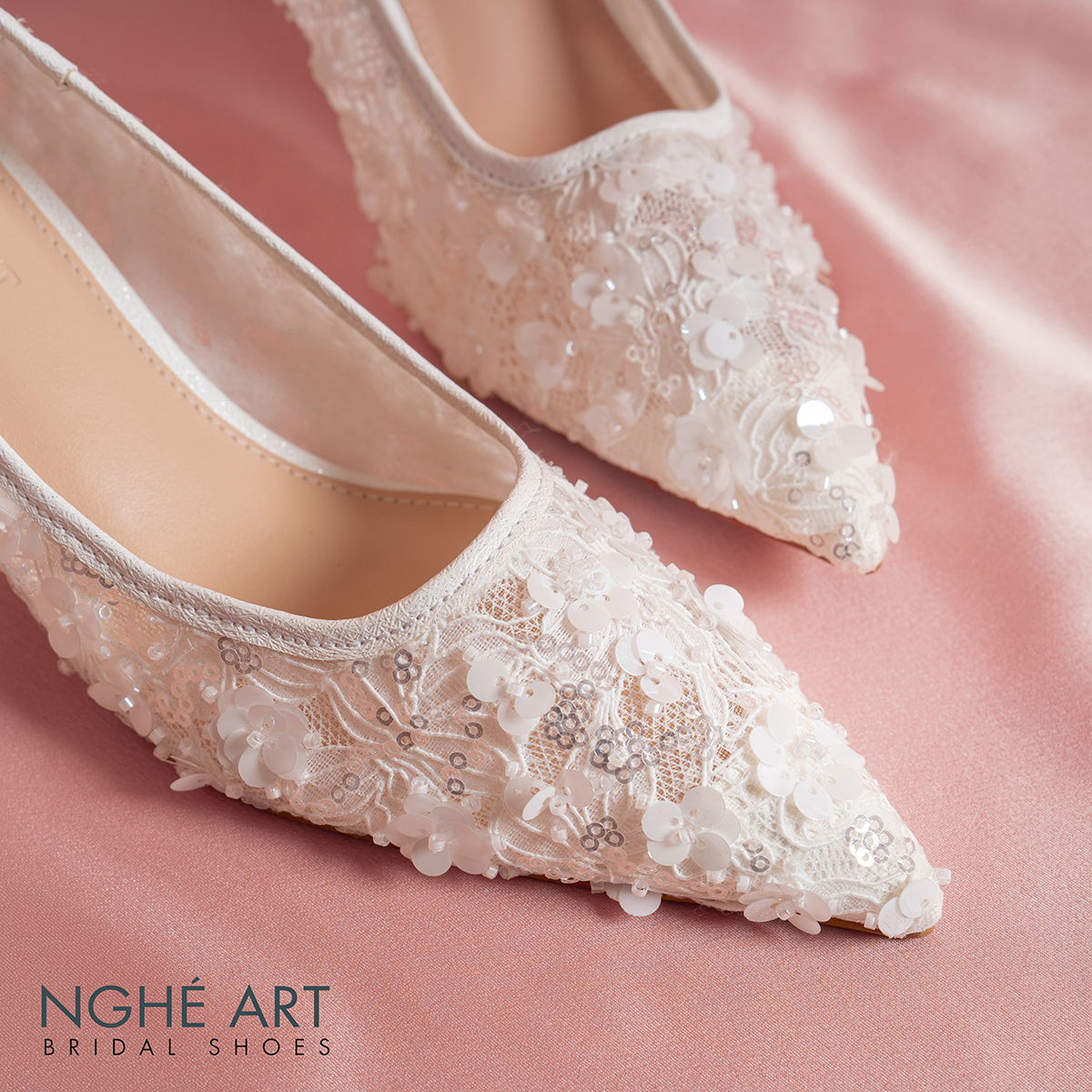 Giày cưới Nghé Art dáng scarpin ren lưới kim sa cao cấp 600-6P-LUOI-KIMSA - Ảnh 4 - Nghé Art Bridal Shoes – 0822288288