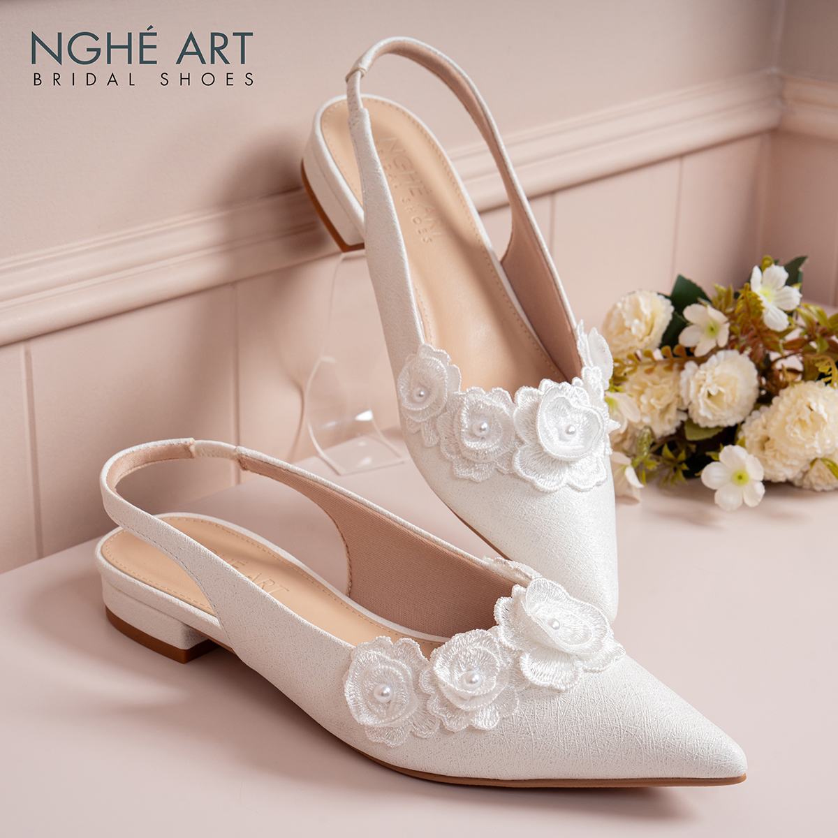 Giày cưới Nghé Art slingback dáng bệt đính hoa 601-593-2P-NHU-TRANG - Ảnh 2 - Nghé Art Bridal Shoes – 0822288288