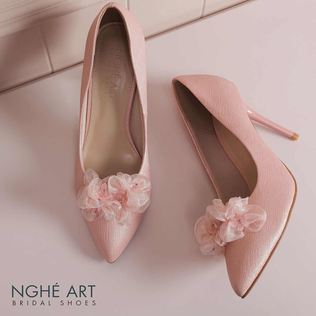 Giày cưới Nghé Art cao gót hồng đính hoa pastel 602-HONG-377-10P-NHU-HONG - Ảnh 3 - Nghé Art Bridal Shoes – 0822288288