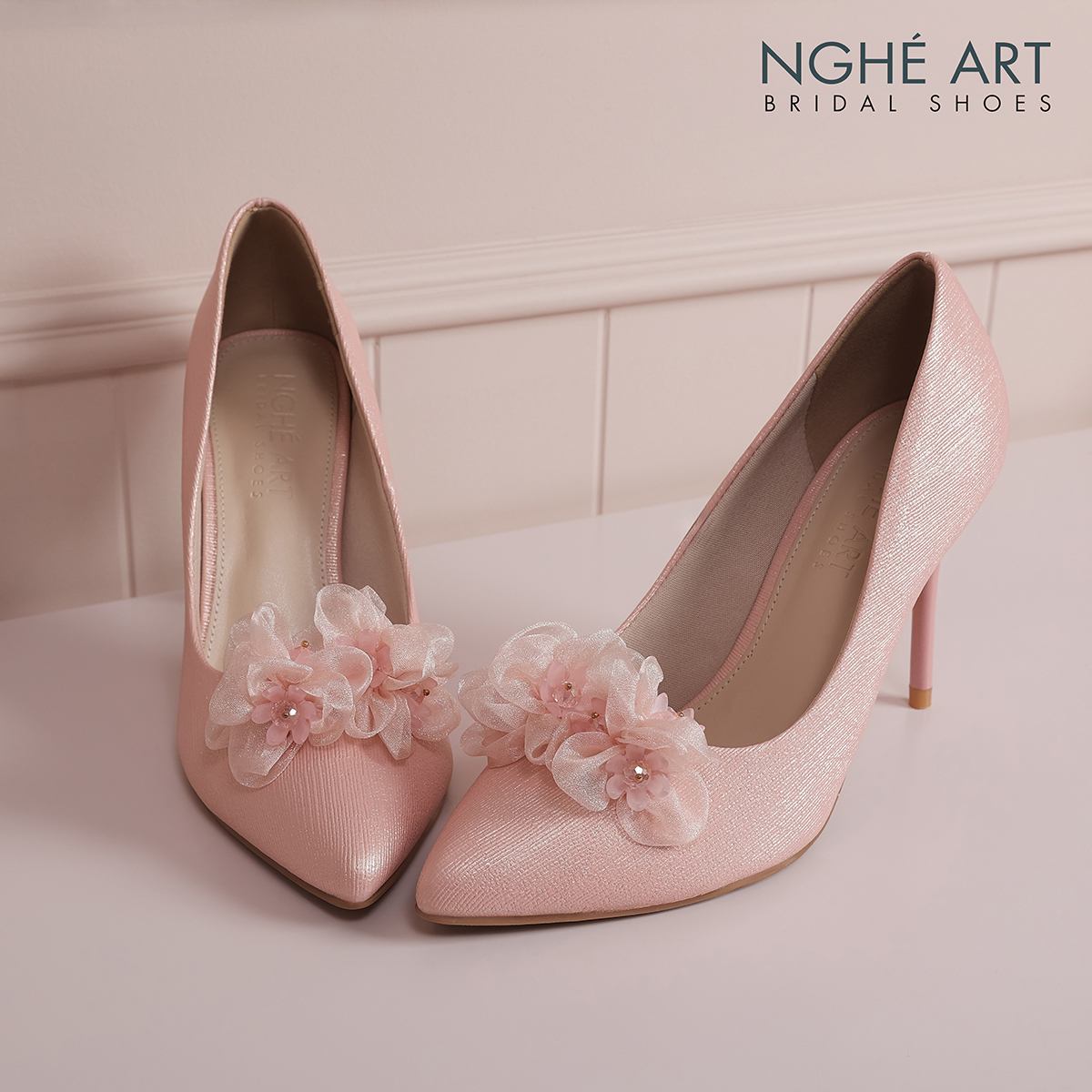 Giày cưới Nghé Art cao gót hồng đính hoa pastel 602-HONG-377-10P-NHU-HONG - Ảnh 4 - Nghé Art Bridal Shoes – 0822288288