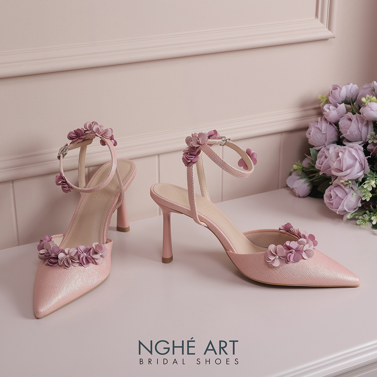 Giày cưới Nghé Art cao gót quai chéo hồng hoa tím pastel 604-TIM-590-9P-NHU-HONG - Ảnh 5 - Nghé Art Bridal Shoes – 0822288288