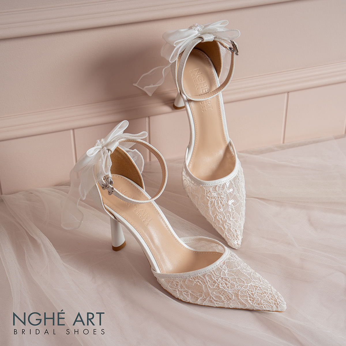 Giày cưới Nghé Art ren lưới kim sa gót nơ 606-595-9P-LUOI-TRANG - Ảnh 6 - Nghé Art Bridal Shoes – 0822288288