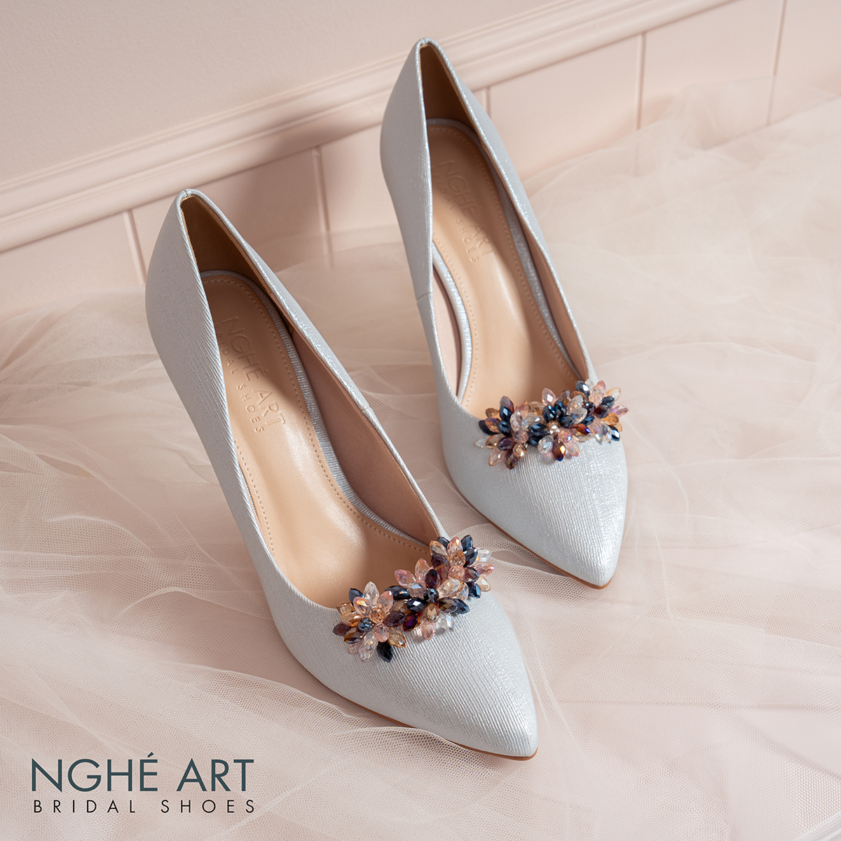 Giày cưới Nghé Art cao gót đính pha lê 608-377-10P-NHU-XAM - Ảnh 1 - Nghé Art Bridal Shoes – 0822288288