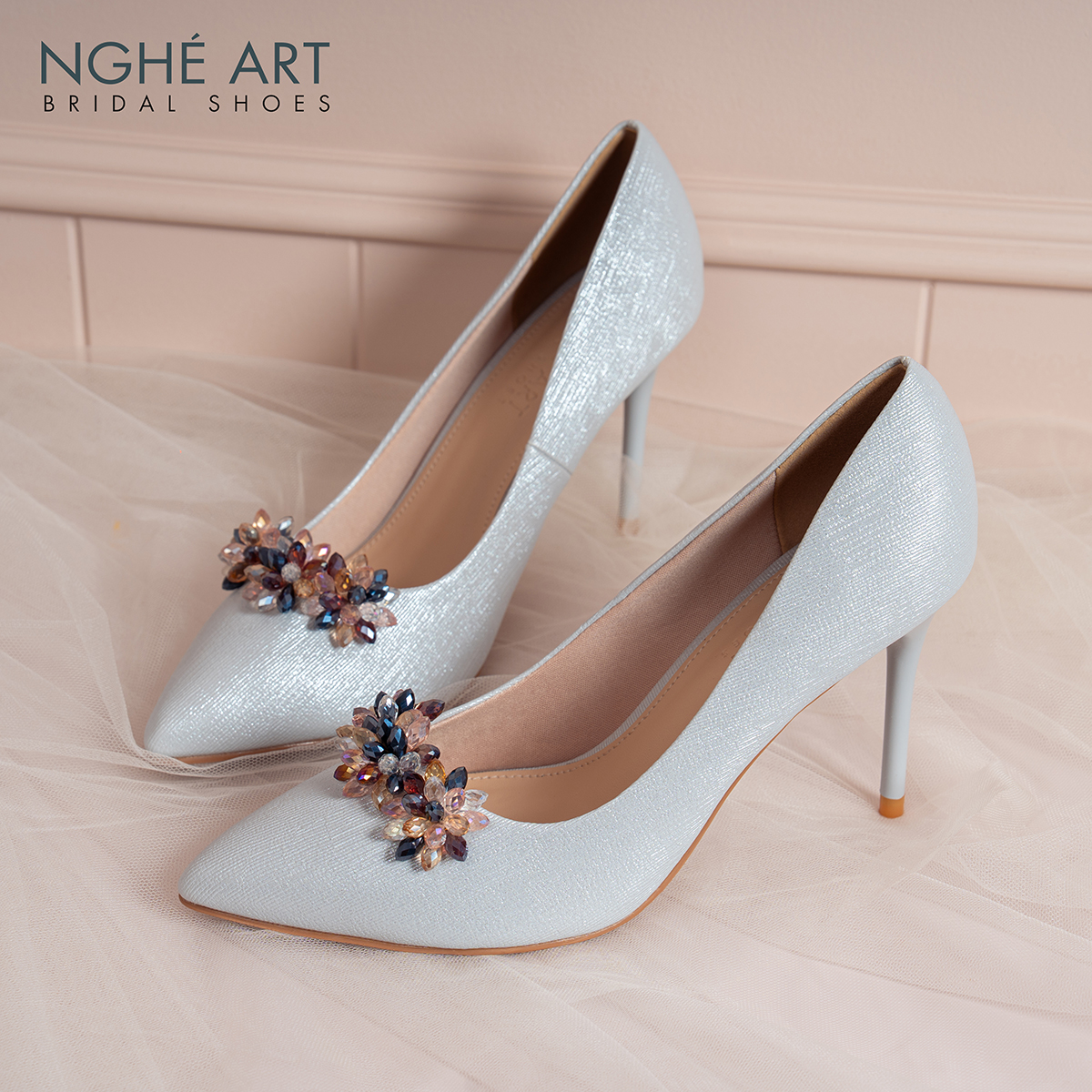 Giày cưới Nghé Art cao gót đính pha lê 608-377-10P-NHU-XAM - Ảnh 2 - Nghé Art Bridal Shoes – 0822288288