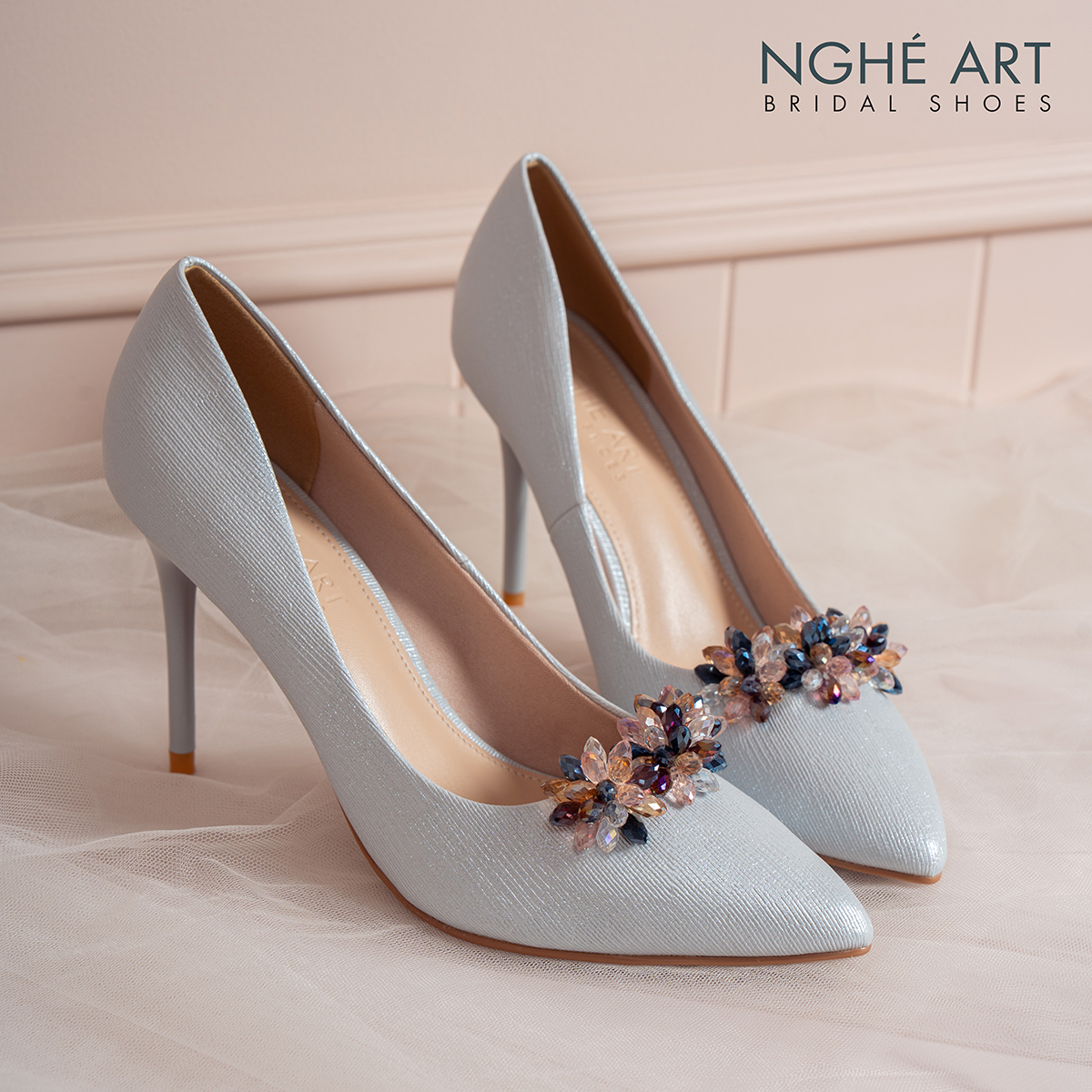 Giày cưới Nghé Art cao gót đính pha lê 608-377-10P-NHU-XAM - Ảnh 3 - Nghé Art Bridal Shoes – 0822288288