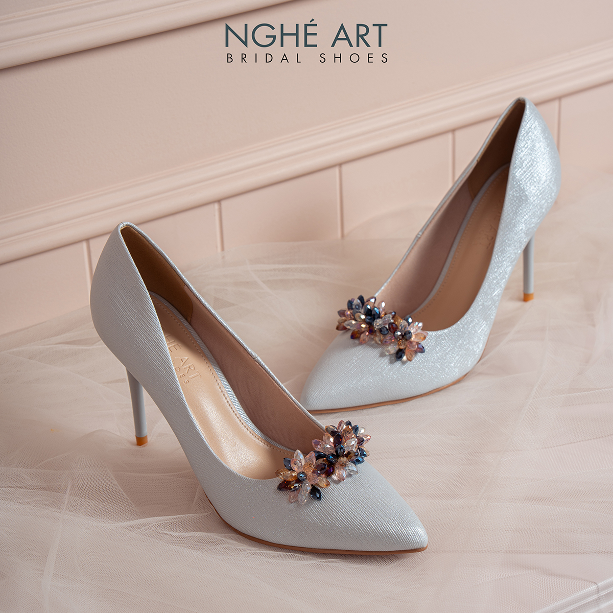 Giày cưới Nghé Art cao gót đính pha lê 608-377-10P-NHU-XAM - Ảnh 5 - Nghé Art Bridal Shoes – 0822288288