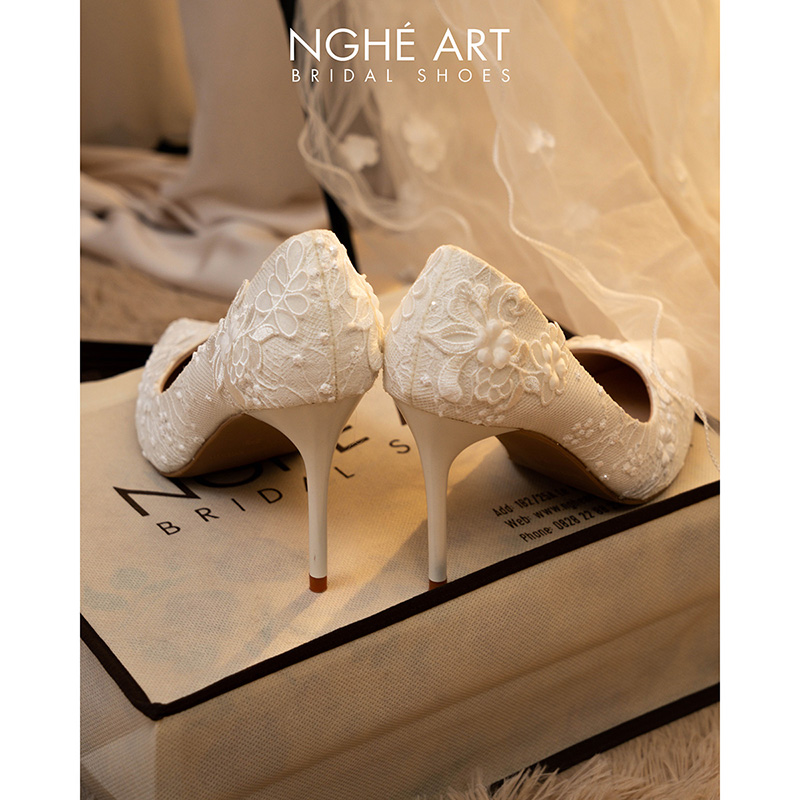 Giày cô dâu Nghé Art ren hoa nhũ trắng cao 10 cm 568-377-10P-NHU-TRANG - Ảnh 1 - Nghé Art Bridal Shoes – 0822288288