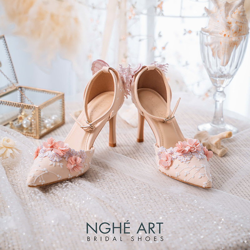 Giày cưới hoa 3D màu hồng phấn - Ảnh 2 - Nghé Art Bridal Shoes – 0822288288