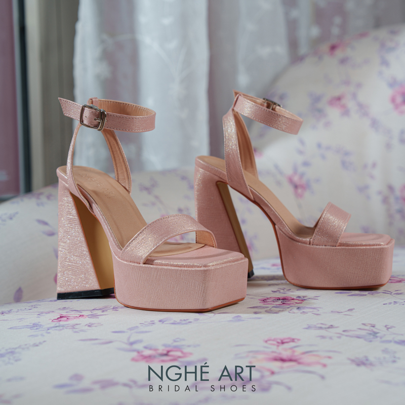 Giày cưới Nghé Art basic sandal 13 phân mũi đúp nhũ hồng pastel 531-nhu-hong - Ảnh 1 - Nghé Art Bridal Shoes – 0822288288